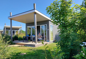 Komfort-Lodge mit moderner Terrasse und Garten, sonniger Tag, hundefreundliche Unterkunft.