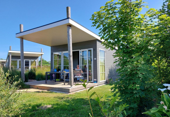 Lodge Comfort con terraza moderna, rodeada de jardín verde bajo el sol, alojamiento apto para perros.
