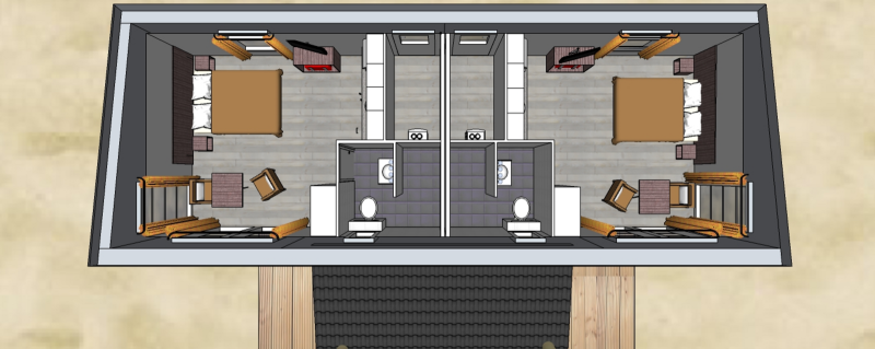 Aerial view of Comfort Lodge layout showing two bedrooms, two bathrooms, and cozy amenities for guests.