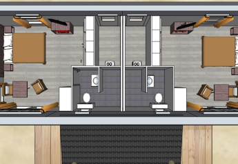 Vue aérienne du plan de Comfort Lodge avec deux chambres, deux salles de bain et des équipements modernes.
