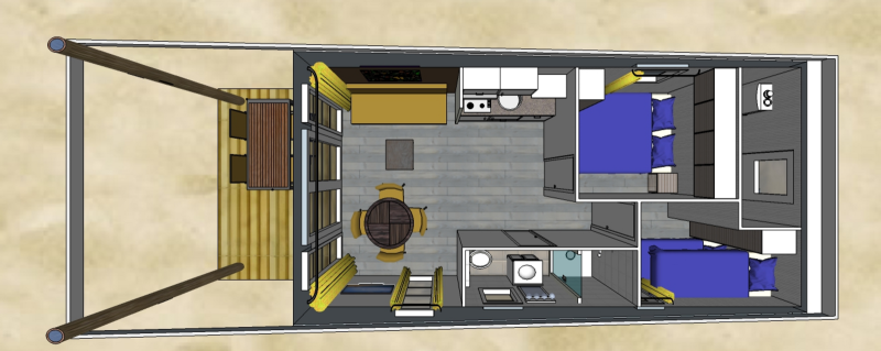 Floor plan of Comfort Lodge for dog owners at Kompas Camping Nieuwpoort, Belgium, featuring two bedrooms.