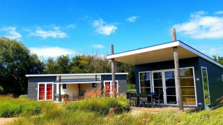 Twee moderne Comfort Lodge huisjes met terras in groen gras, honden toegestaan, blauwe lucht