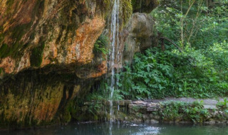 Una pequeña cascada cae desde una roca cubierta de musgo a un estanque cerca de Berdorf, Echternach, Luxemburgo.