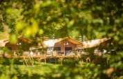Tiendas de safari de Desert Lodge XL en Camping Gajole, Italia, vistas a través de hojas verdes.