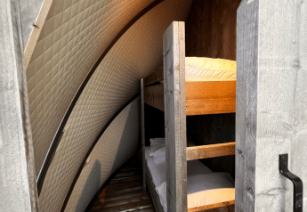 Innenansicht des Safari-Zeltes Big Oak Lodge mit Etagenbetten und geschwungenen, gepolsterten Wänden.