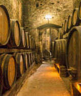 Bodega en Arsiè, Véneto, Italia, con grandes barricas de madera apiladas contra muros de piedra y luz tenue.