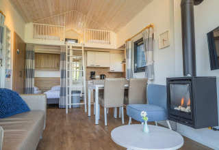 Tiny House en De Rijp, Países Bajos, con altillo, comedor, sofá acogedor y chimenea moderna.