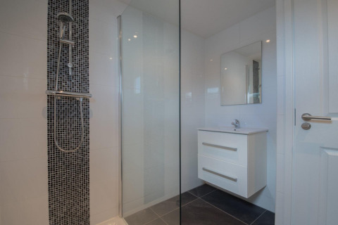 Modernes Badezimmer mit schwarz-weißen Fliesen, Glasdusche und weißem Waschtisch in Velthorst-Lodge, De Rijp.