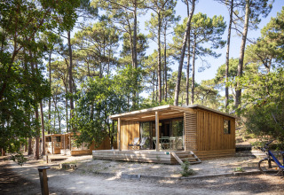 Cabanes en bois dans la pinède du parc de vacances Huttopia Arcachon, Nouvelle-Aquitaine, France.