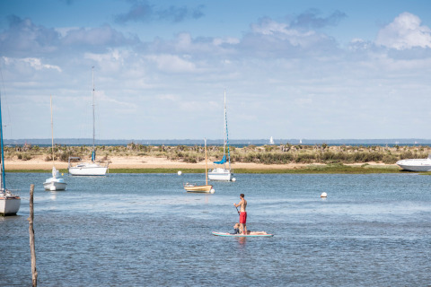 Hombre haciendo paddle surf con un perro entre barcos en un entorno natural cerca de Arcachon, Francia.