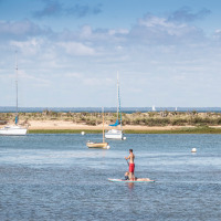 Hombre haciendo paddle surf con un perro entre barcos en un entorno natural cerca de Arcachon, Francia.