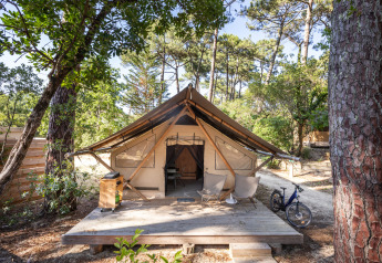 Trapper safari tent with wooden deck, two chairs, and a bicycle, surrounded by trees in sunlight.