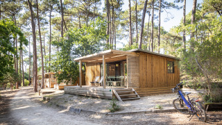 Cabaña de madera llamada Chalet Portland rodeada de altos pinos, bicicleta aparcada delante, ambiente tranquilo.