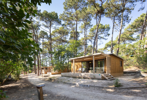 Cabaña Chalet Portland en Huttopia Arcachon, Francia, rodeada de pinos y situada en un entorno forestal tranquilo.