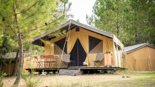 Safari-Zelt Toile&Bois tent Sweet im Wald mit Terrasse, Sitzgelegenheiten und umgeben von Bäumen.