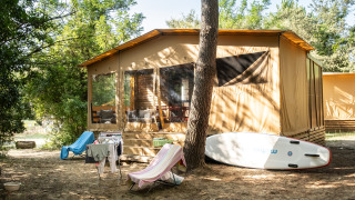 Tienda safari Arizona en un entorno boscoso, con sillas plegables, tendedero y tabla de paddle surf.