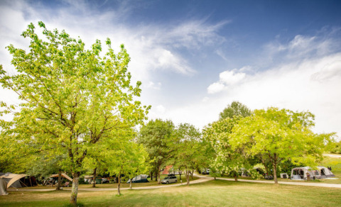 Lush trees and tents at Huttopia Vallée du Lot holiday park in Nouvelle-Aquitaine, France under blue sky