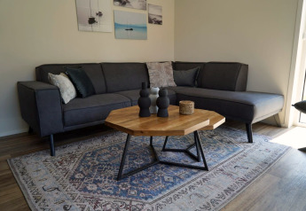 Soggiorno moderno al Lodge Velthorst a Kagerplassen, Paesi Bassi, con divano grigio, tappeto e tavolo.