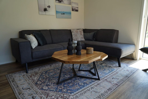 Salon moderne du Lodge Velthorst à Kagerplassen, Pays-Bas, avec canapé gris, tapis et table bois.