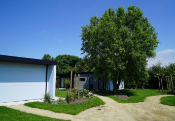 Moderne lodge bij Cube la Mer Wellness aan de Kagerplassen, Nederland, met groen gras en grote boom.