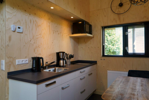 Cuisine de tiny house moderne à Kagerplassen, Pays-Bas, avec mur en bois et équipements de base.