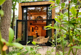 Uitzicht op een tiny house bij De Zanding in Nederland, omgeven door groen en moderne, sfeervolle inrichting.