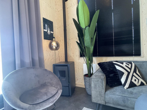 Sala moderna en Tiny House Plus, De Rijp, Países Bajos, con muebles grises y una planta grande.