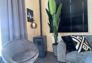 Moderne woonkamer in Tiny House Plus, De Rijp, Nederland, met grijze zetels en een grote plant.
