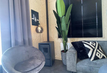 Sala moderna en Tiny House Plus, De Rijp, Países Bajos, con muebles grises y una planta grande.