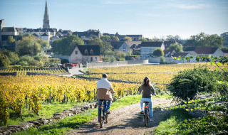 Dos personas montan en bicicleta entre viñedos hacia un pueblo en Borgoña, Francia, en un día soleado.