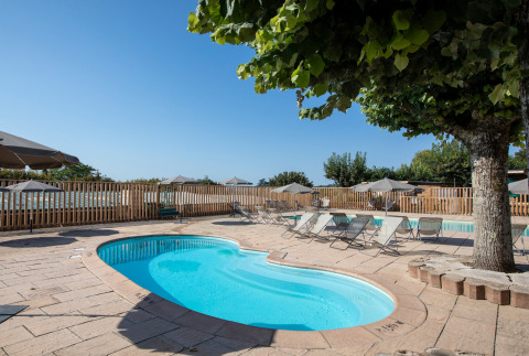 Swimmingpool med liggestole og parasoller i fredelig feriepark, omgivet af træer og hegn, under blå himmel.