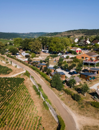 Vista aérea de viñedos y cabañas cerca de Meursault, Borgoña, Francia, rodeados de un paisaje natural.