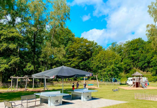 Outdoor playground and table tennis tables in a holiday park with lush greenery and a bright blue sky in Belgium.