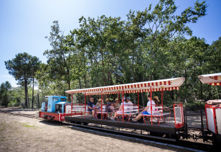 Familie nyder en tur med et lille åben tog under trækroner i Huttopia Oléron Les Chênes Verts, Frankrig.