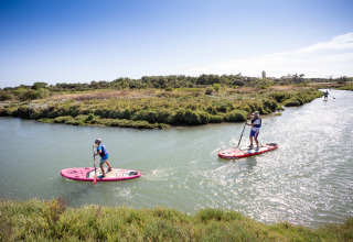 Folk på paddleboards sejler på en flod omgivet af grøn natur nær Dolus d'Oléron, Nouvelle-Aquitaine.
