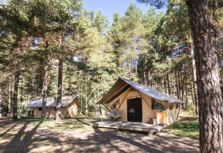 To luksustelte i en skov ved Huttopia la Clarée feriepark i Provence-Alpes-Côte d’Azur, Frankrig på en solrig dag.