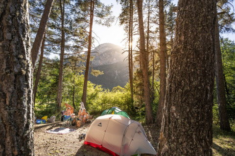 Campamento con tiendas entre árboles y montañas en Provence-Alpes-Côte d’Azur, Francia, con luz de sol.