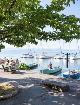 Foto de un puerto tranquilo con veleros, árboles frondosos y personas en bancos en Excenevex-Plage, Francia.