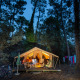 Billedet viser en Bungalow tent Classic safari-teltcampingplads om aftenen omgivet af høje træer.