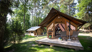 Tienda safari llamada Canadienne Tent en un bosque, con terraza de madera y sillas de camping afuera.