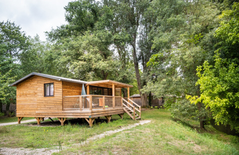 Cabaña Chalet Portland Riverside de madera, con terraza y rodeada de árboles verdes y naturaleza exuberante.