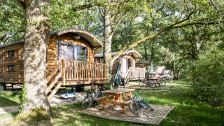 Roulotte cabins nestled in a wooded area with bikes, a picnic table, and lush green surroundings in summer.