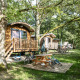 Cabañas Roulotte en un bosque con bicicletas, mesa de picnic y entorno verde y frondoso en verano.
