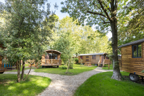 Roulottes gitanes au Camping de Paris, France, entourées d’arbres et de sentiers dans un cadre verdoyant.