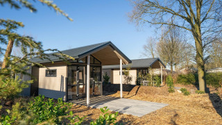 Moderne Tiny House 4 Lodge im Grünen mit Terrasse, großen Fenstern und Bäumen an einem sonnigen Tag.