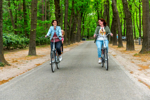Twee vrouwen en een kind fietsen samen door een bos bij een glampingaccommodatie en genieten van de natuur.