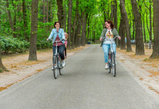 Deux femmes font du vélo sur un chemin forestier près d’un hébergement glamping, un enfant accompagne.