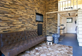Modern tiny house living area at De Zanding, Netherlands, with wood accent wall and cozy furnishings.