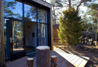 Tiny house moderna a De Zanding nei Paesi Bassi con grandi finestre in vetro e terrazza in legno tra gli alberi.