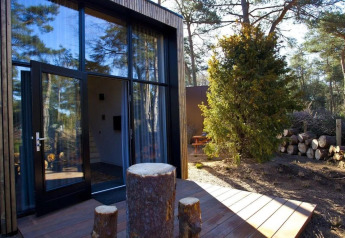 Moderne tiny house ved De Zanding i Holland med store glasvinduer og udendørs træterrasse i skovområder.